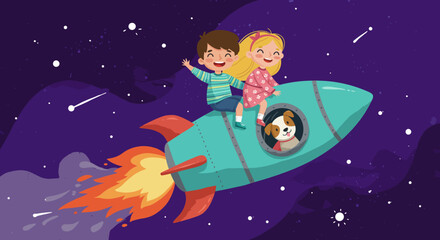 Two happy children and their dog embark on an exciting adventure aboard a colorful rocket ship soaring through the starry cosmic expanse on a journey of imagination and discovery