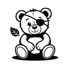 Cute cartoon teddy bear with an eyepatch and a leaf