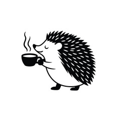Cute cartoon hedgehog holding a steaming cup of coffee or tea