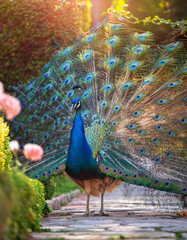 Obraz premium A majestic peacock standing in a lush garden, tail feathers fully fanned out in brilliant blues and greens. Soft afternoon sunlight highlighting the iridescent details. Flowers and stone pathways in t