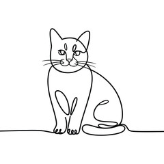 Minimalist single line drawing of a sitting cat with a white background
