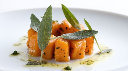 Sweet potato gnocchi ring, drizzled with herb-infused oil, garnished with sage leaves