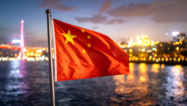 China flag with night city skyline. - Powered by Adobe