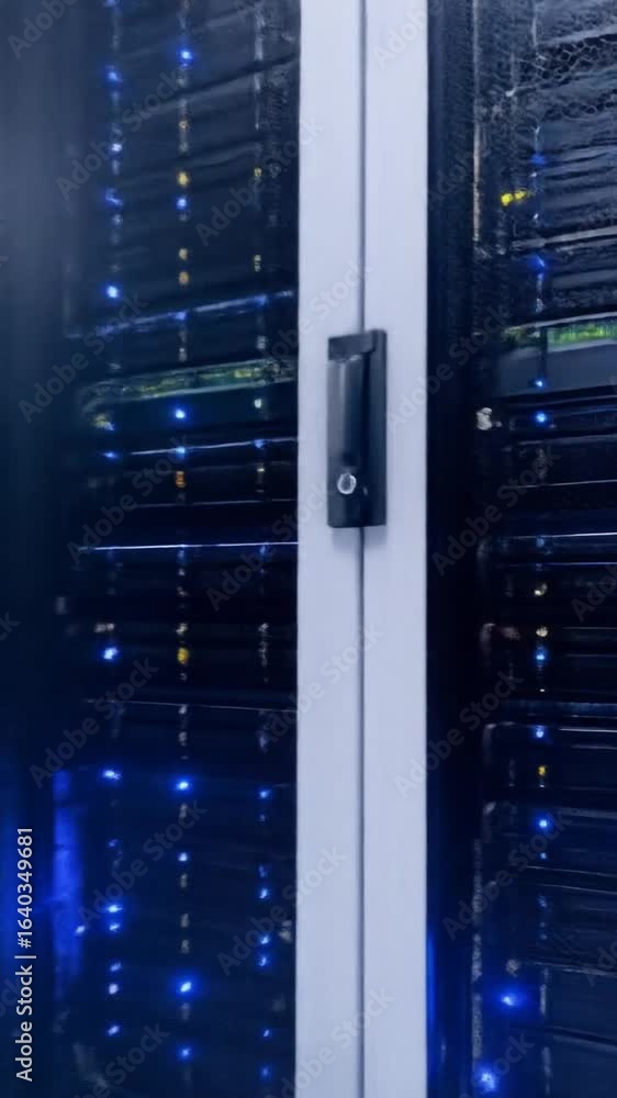 Aufkleber data center room with rows of white servers and blue lights for modern computer infrastructure and t