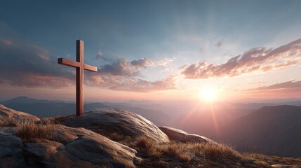 A wooden cross atop a mountain peak, illuminated by golden sunset light, casting a serene glow over the landscape.