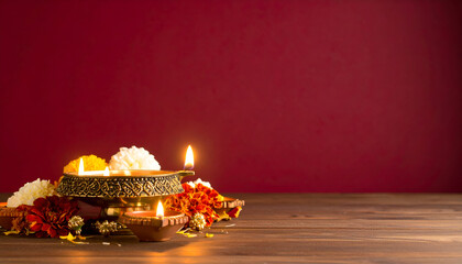 Diwali lamps with flowers, and dark wood.