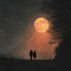A couple walking hand in hand under romantic moonlight. 