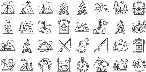 Camping and outdoor adventure line art icons set of vector illustrations for tourism, travel, and naturerelated designs