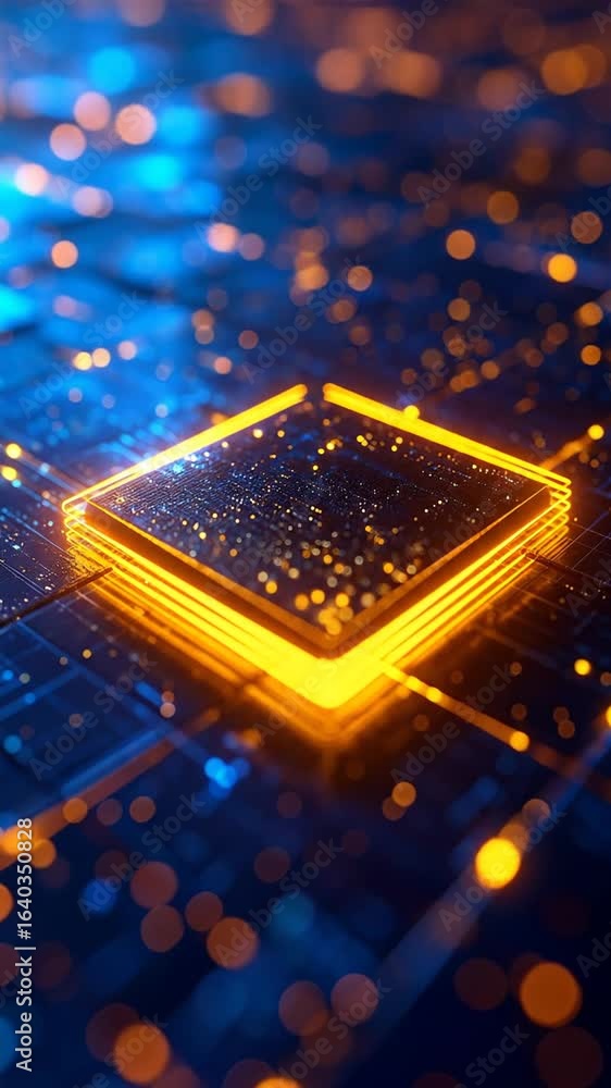 Aufkleber glowing orange square microchip on blue circuit board a high tech electronic background with intrica