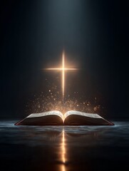 An open holy bible with a glowing cross above, surrounded by sparkling particles in a dark background.