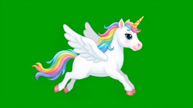 Magical Rainbow Unicorn: Animated Flight on Green Screen