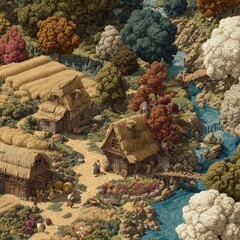 A village scene inspired by folklore legends and traditions." -