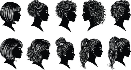 Collection of ten different hairstyles for women, showcasing various cuts, braids, and updos, perfect for beauty salons and fashion design
