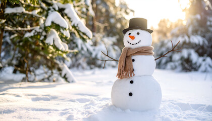Happy snowman winter forest scene.