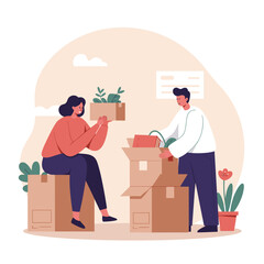 Couple unpacking boxes and arranging plants in cozy indoor space  