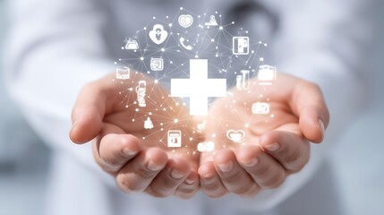 Hands gently holding a glowing medical cross surrounded by healthcare icons, representing health, wellness, and innovative medical solutions