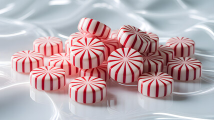Obraz premium Delicious pile of classic red and white striped peppermint candies, perfect for festive occasions and sweet treats