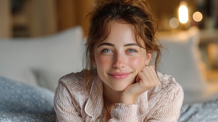 A young woman lies comfortably on a bed with hand under chin, smiling softly in a relaxed indoor setting.