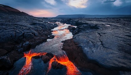 Fototapeta premium flowing between dark volcanic rocks__ 