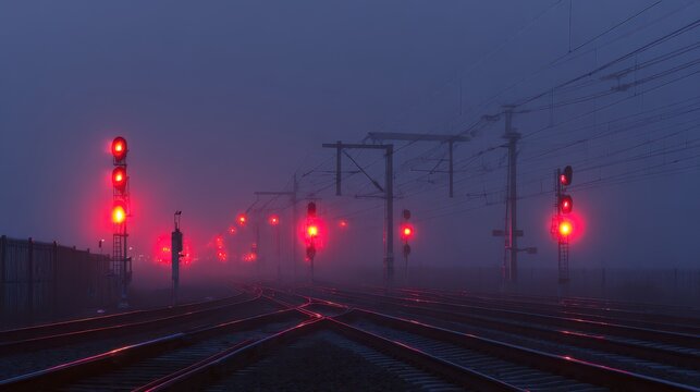 Foggy Night Train Station, Red Signals, Tracks, Waiting