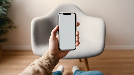 Hand Holding Smartphone with Empty Screen in Modern Living Room