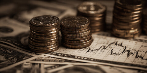 Stacks of coins and dollar bills are placed on financial chart, symbolizing economic growth and investment. sepia tone adds vintage feel to image