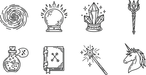 Collection of magical icons featuring a crystal ball, potion, book, wand, and unicorn, representing witchcraft, wizardry, and fantasy elements