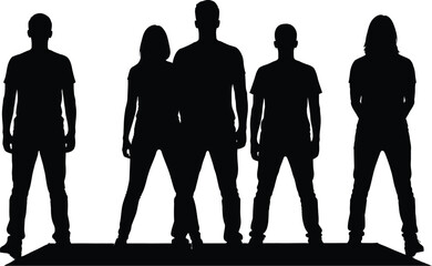 Silhouettes of a group of people standing together, symbolizing teamwork, friendship, and unity
