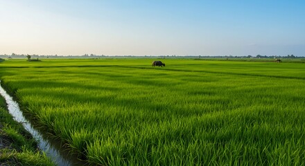 緑輝く田園風景 朝日射す穏やかで広大な景色. AI Generated