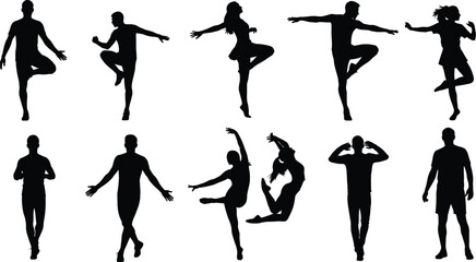 Silhouette collection of dancers and athletes in various poses, showcasing movement, balance, and artistic expression