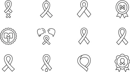 Collection of awareness ribbons symbols of support, charity, and hope for various causes, diseases, and health initiatives