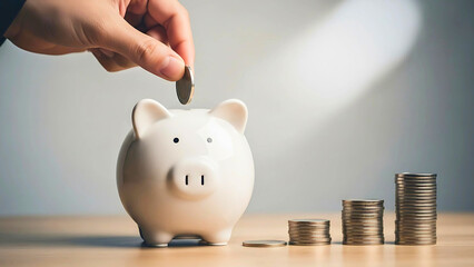 A person's hand carefully places a coin into a white piggy bank, with growing stacks of coins nearby.