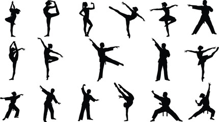 Silhouette of various yoga poses and dance moves, showcasing fitness, flexibility, and healthy lifestyle