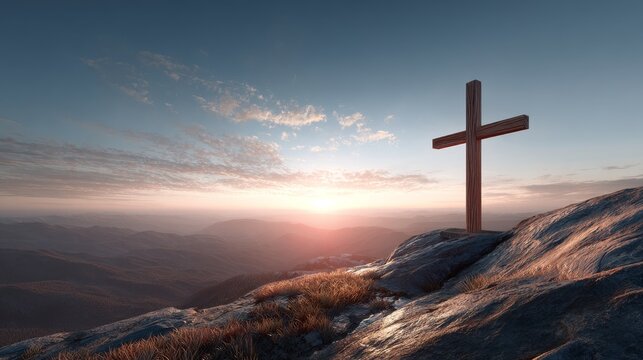 A wooden Christian cross stands alone on a rocky mountain peak during a serene sunrise, symbolizing faith and spiritual hope in nature's grandeur.