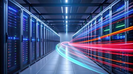 High tech data center showcasing servers with vibrant LED lights and dynamic data flow representing threat hunting in cloud networks
