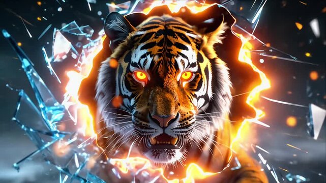 Fierce tiger amidst shattered glass