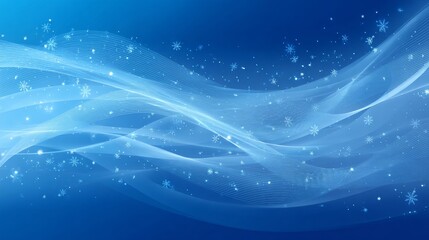 A serene blue winter background featuring flowing abstract waves and scattered snowflakes, perfect for seasonal designs and decorations.