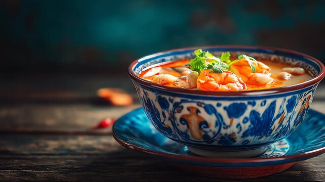 Delicious Tom Yum Soup with Shrimp in a Decorative Bowl on a Wooden Table