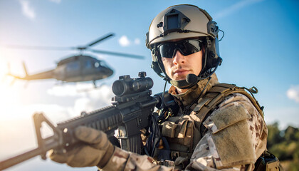 Obraz premium Soldier with rifle, helicopter, and mission.