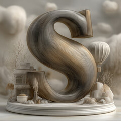 Obraz premium A 3D render of the letter S, brushed gold metal, slightly tilted, resting on a smooth white podium with faint reflection, background seamless ivory tone. Sunlight simulation with warm glow. 