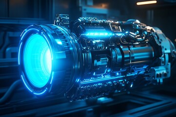 Futuristic glowing blue energy core with intricate mechanical design and advanced technology details