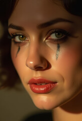 Woman with dramatic makeup and tear streaks