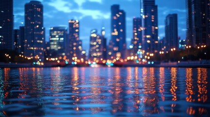 Fototapeta premium A serene cityscape at dusk, featuring shimmering lights reflecting on water, creating a tranquil urban ambiance.