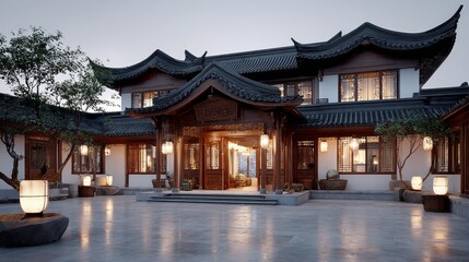 Fototapeta premium A traditional Chinese courtyard house features classic curved roofs, wooden structures, and warm lighting creating a serene, cultural atmosphere.