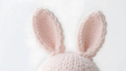 Zoomed hand-knitted bunny head with floppy ears, soft pastel yarn, cozy handmade knit toy, cute bunny plush, delicate pastel crochet, white background
