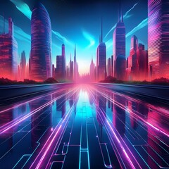 city skyline with neon reflections on water__ 