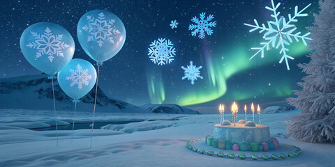 Dreamy Frozen birthday celebration with glowing icy blue balloons, floating holographic snowflakes, and a magical aurora backdrop, in a fantasy arctic landscape, 3D illustration.
