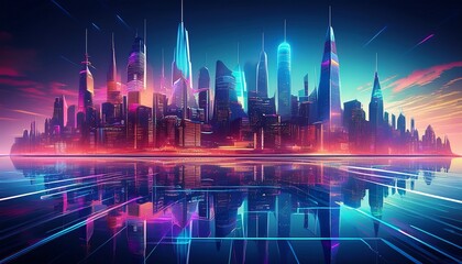 city skyline with neon reflections on water__ 