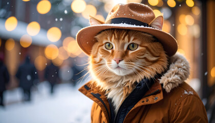 Stylish Cat in Winter City.