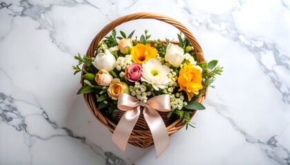 Spring flowers in wicker basket.